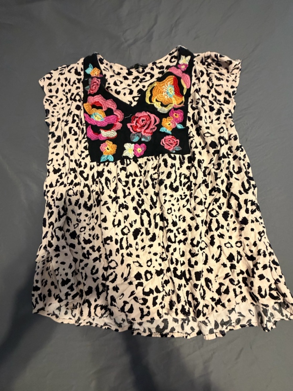 Boho Embroidered Leopard-Print Blouse - Black & Cream
